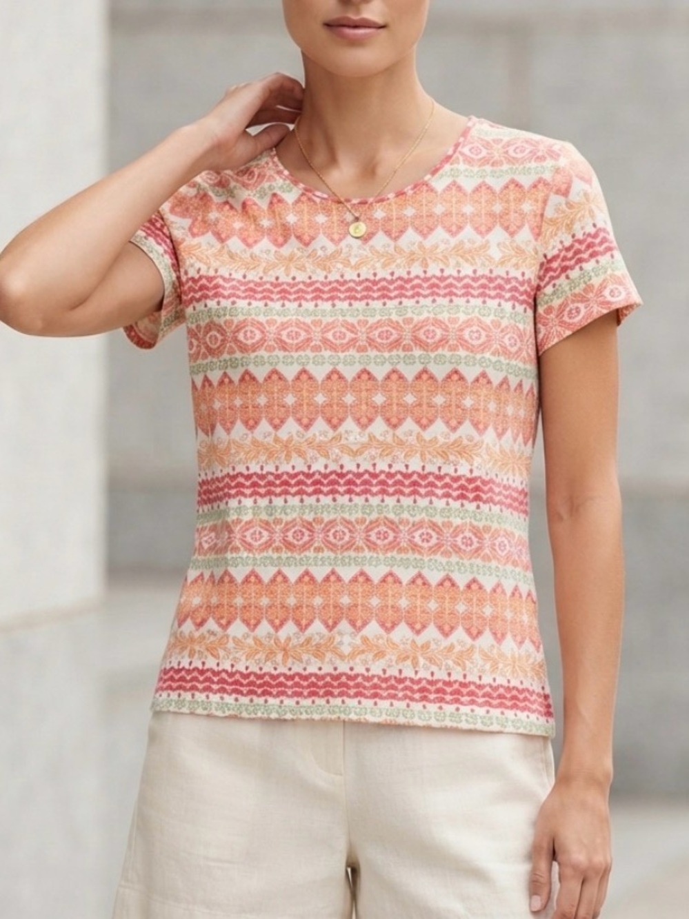 croft & barrow Classic Tee Medium Coral Orange Geometric Print Short Sleeve Top